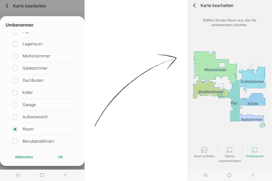 Räumen werden in der Samsung Jet Bot AI App Namen zugeteilt.